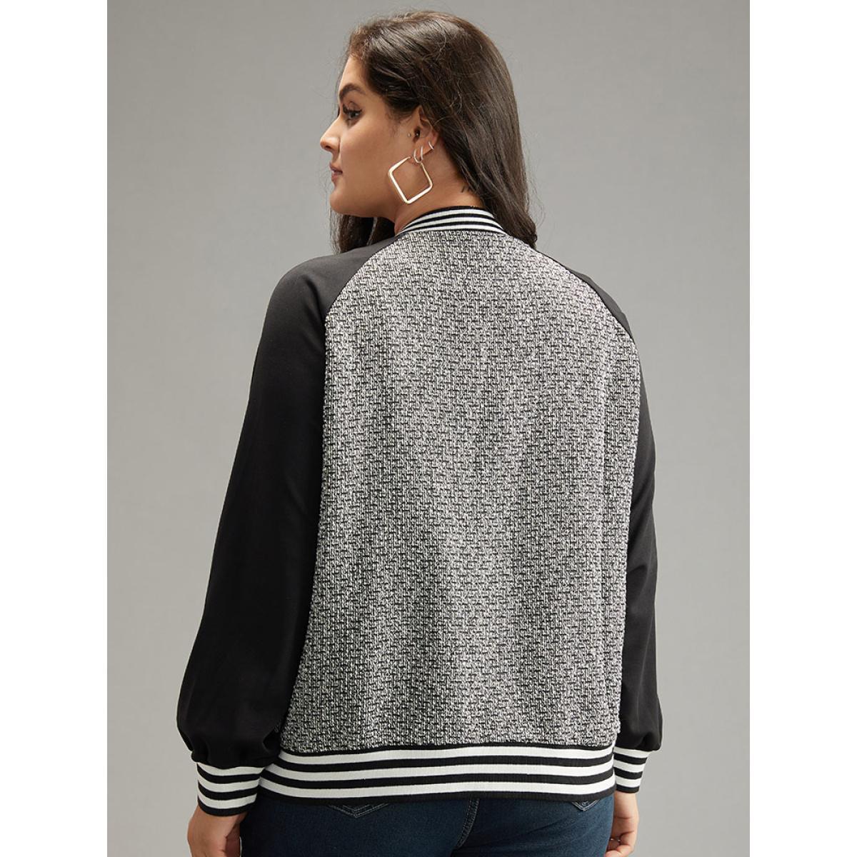 Plus Size Texture Patchwork Contrast Striped Button Up Jacket Women Black Elastic cuffs Pocket Everyday Jackets BloomChic 30/6X Product Image