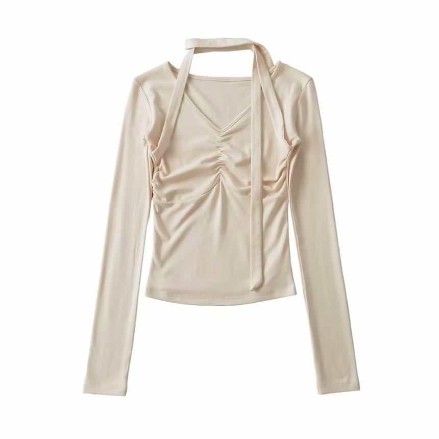 Long-Sleeve Halter-Neck Plain Shirred T-Shirt Product Image
