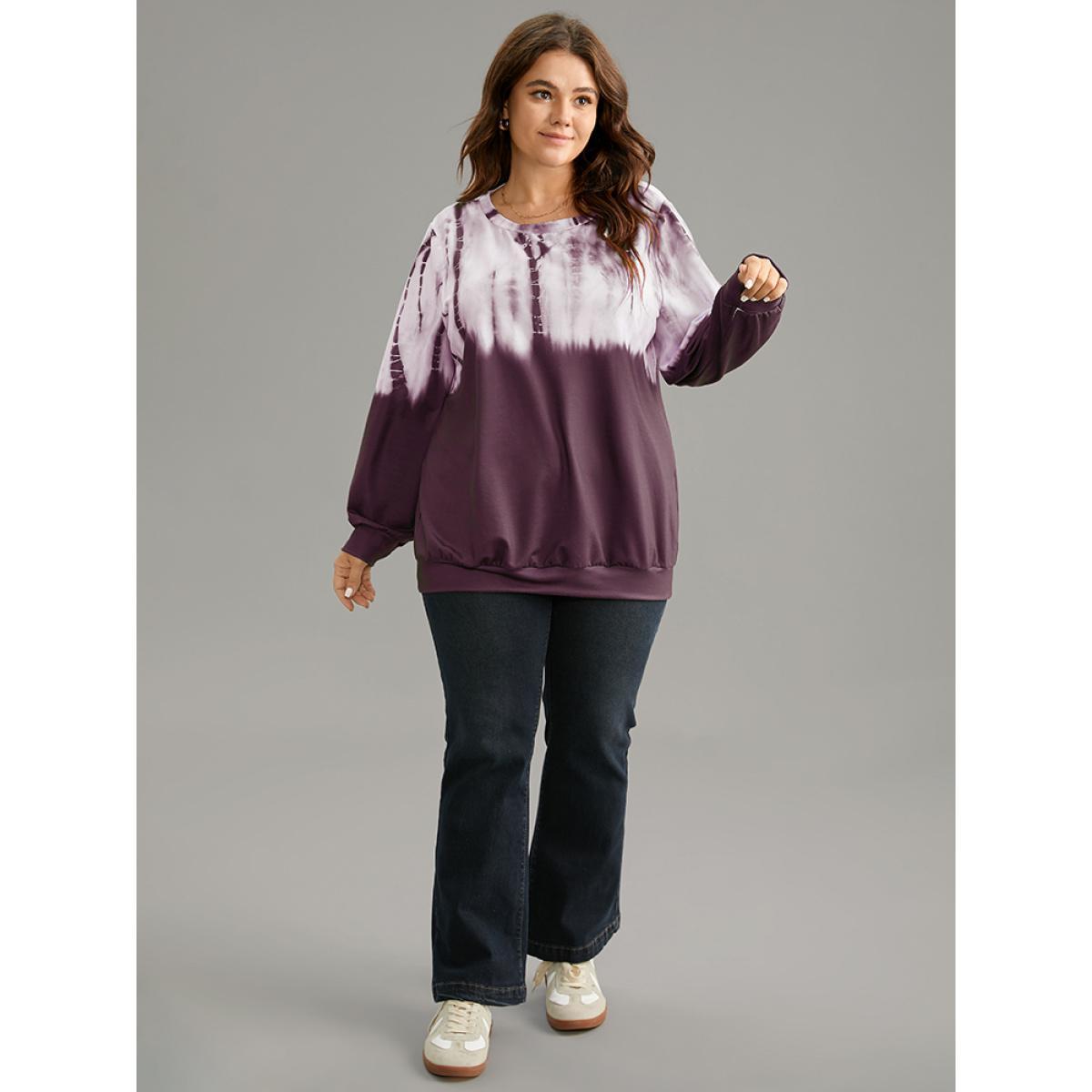 Plus Size Tie Dye Ombre Crew Neck Sweatshirt Women Purple Casual Tie Dye Round Neck Dailywear Sweatshirts BloomChic 18-20/2X Product Image