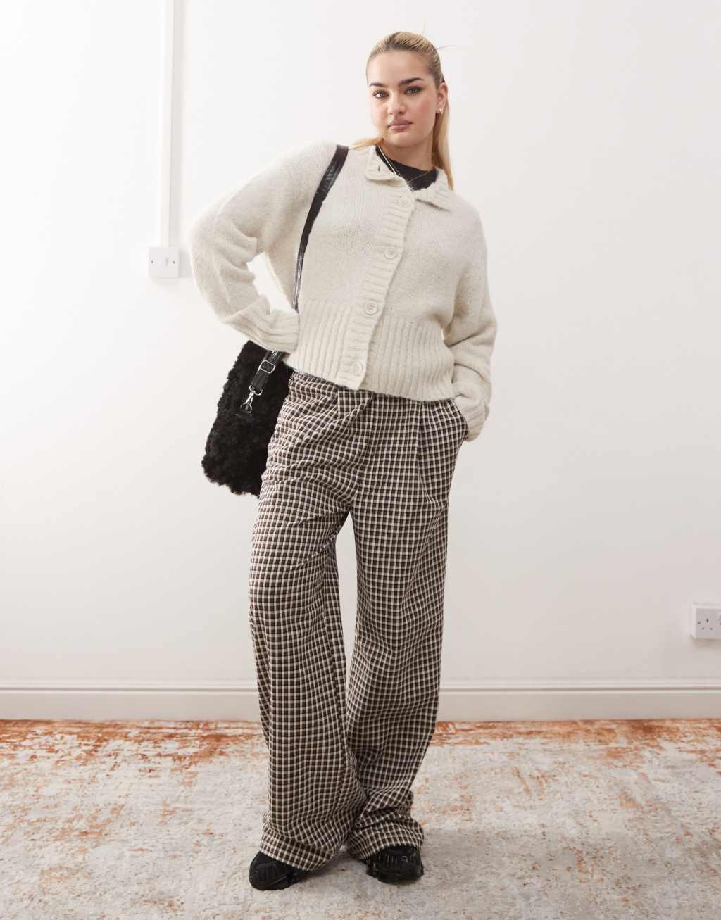 COLLUSION fluffy textured crew neck cardigan in cream Product Image