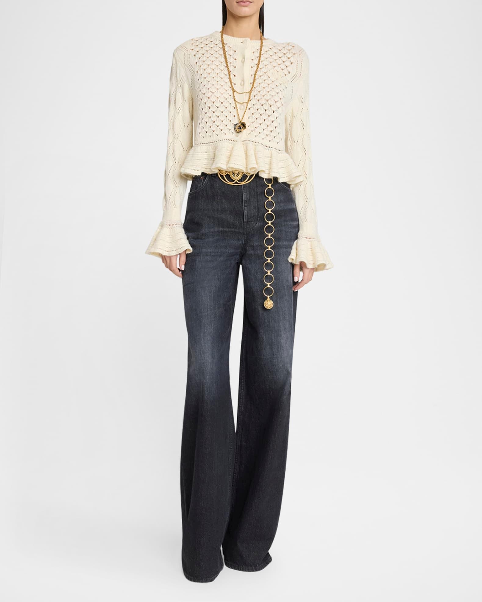 Open-Knit Ruffle Crewneck Cardigan Product Image