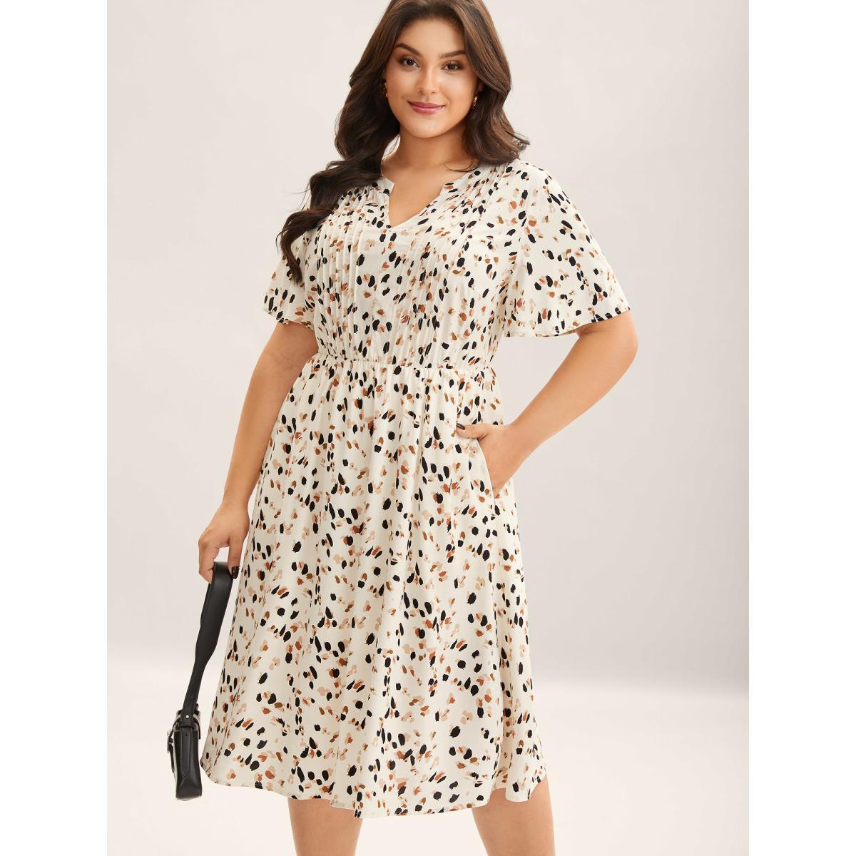 Plus Size Rayon Toothpick Pleat Leopard Print Midi Dress Beige Women V-neck Short sleeve Curvy BloomChic 18-20/2X Product Image