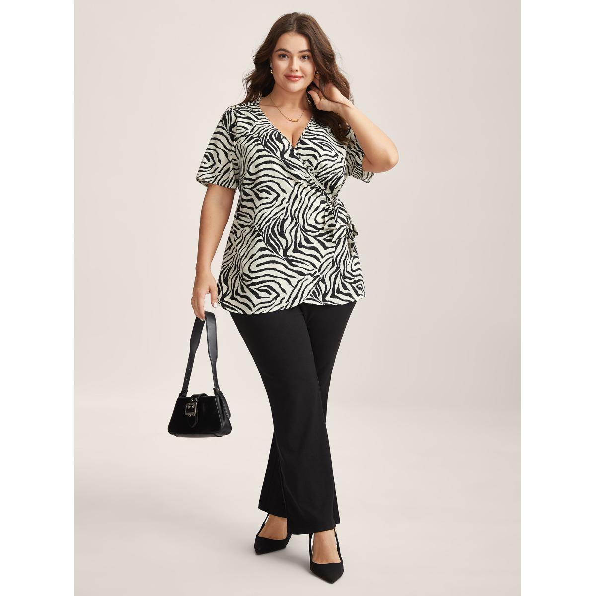 Plus Size Originalwhite Zebra Print Wrap Tie Flowy Blouse Women Short sleeve Overlap Collar Work Blouses BloomChic 12/L Product Image
