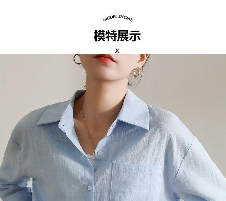 Long Sleeve Lapel Collar Plain Button Shirt Product Image
