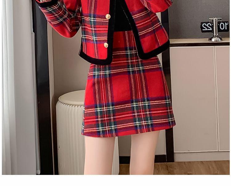 Set: Plaid Button-Up Jacket + High Rise Mini A-Line Skirt Product Image
