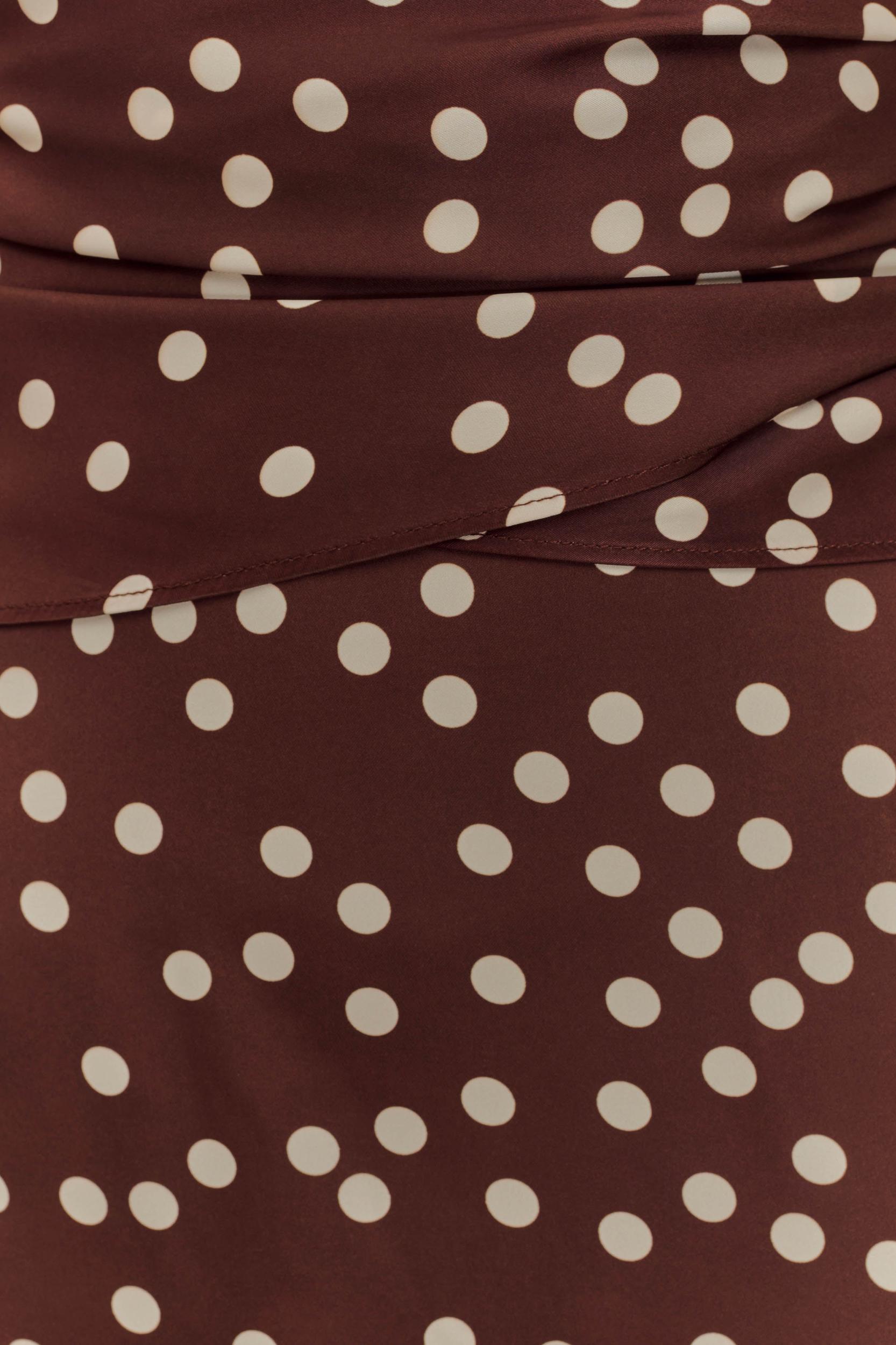 Marguerite Satin Halter Midi Dress - Brown Polka Dot Print Product Image