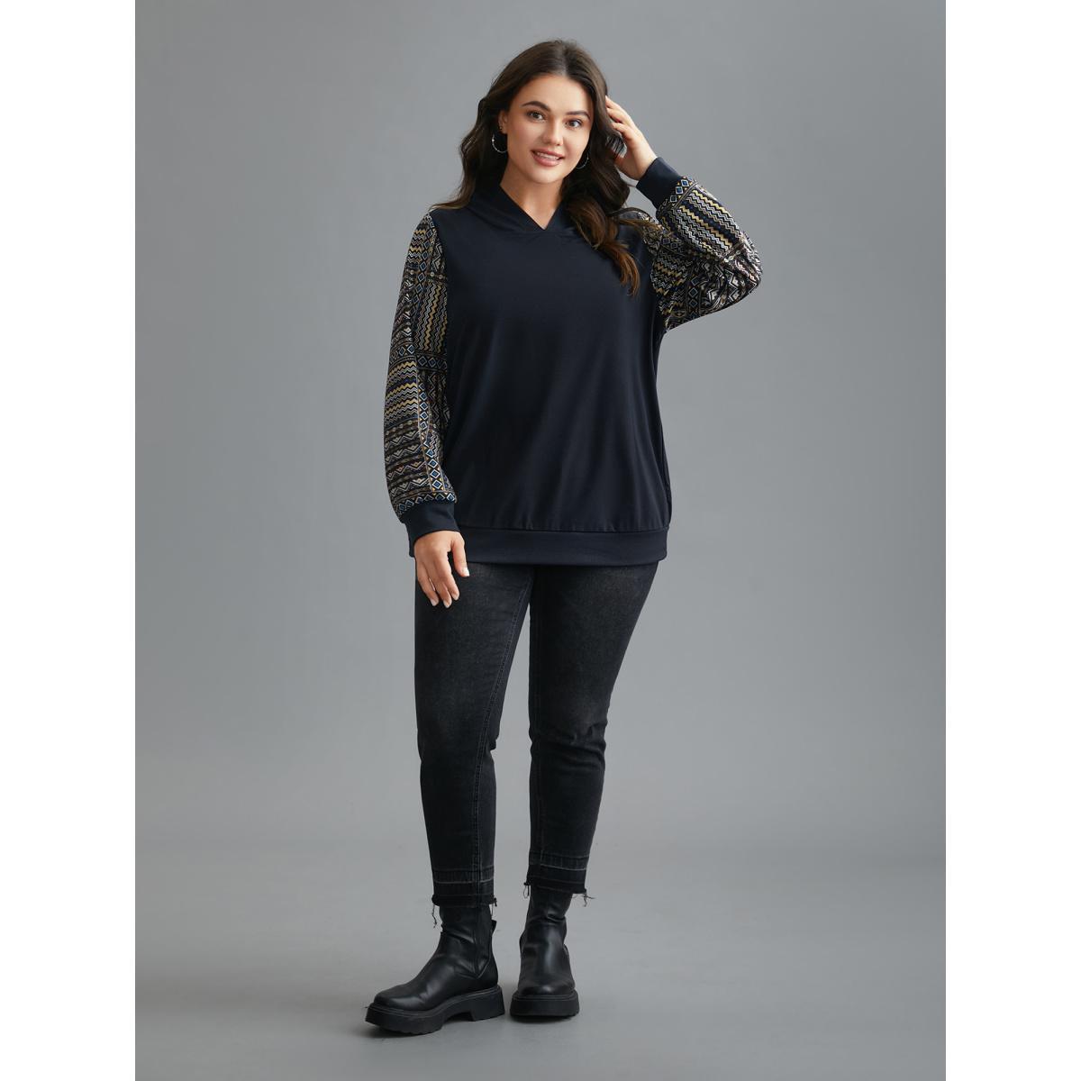 Plus Size Boho Print Contrast Fabric Hooded Sweatshirt Women Midnight Casual Contrast Hooded Everyday Sweatshirts BloomChic 26/4X Product Image