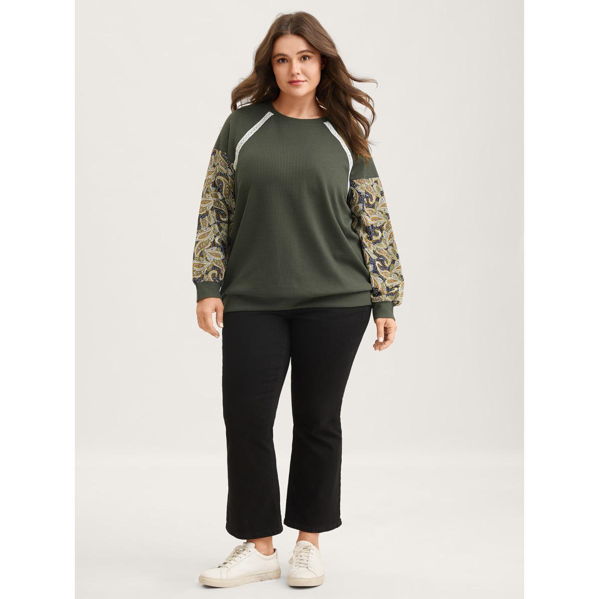 Plus Size Paisley Sleeve Textured Contrast Sweatshirt Women ArmyGreen Woven ribbon&lace trim Round Neck Everyday-Casual Sweatshirts BloomChic 12/L Product Image