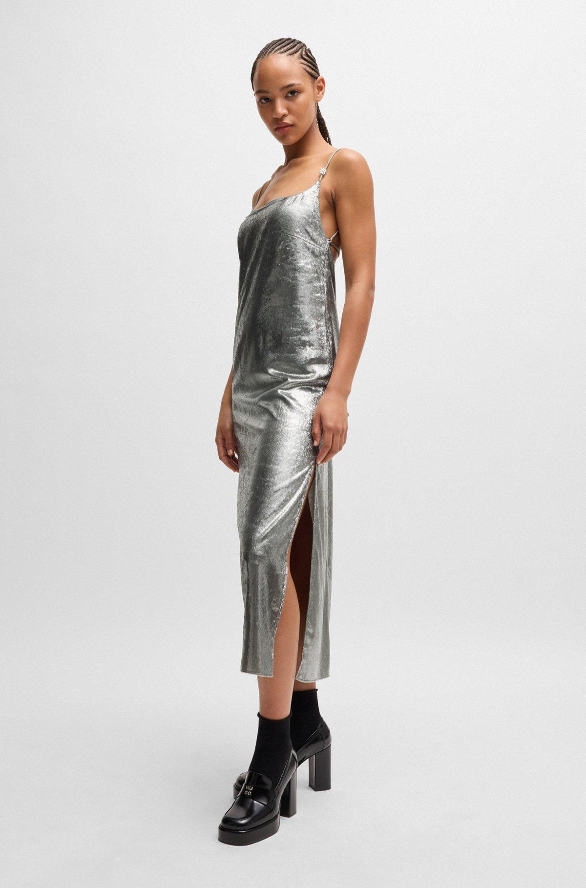 Strappy dress in silver-tone fabric with rear tie Product Image