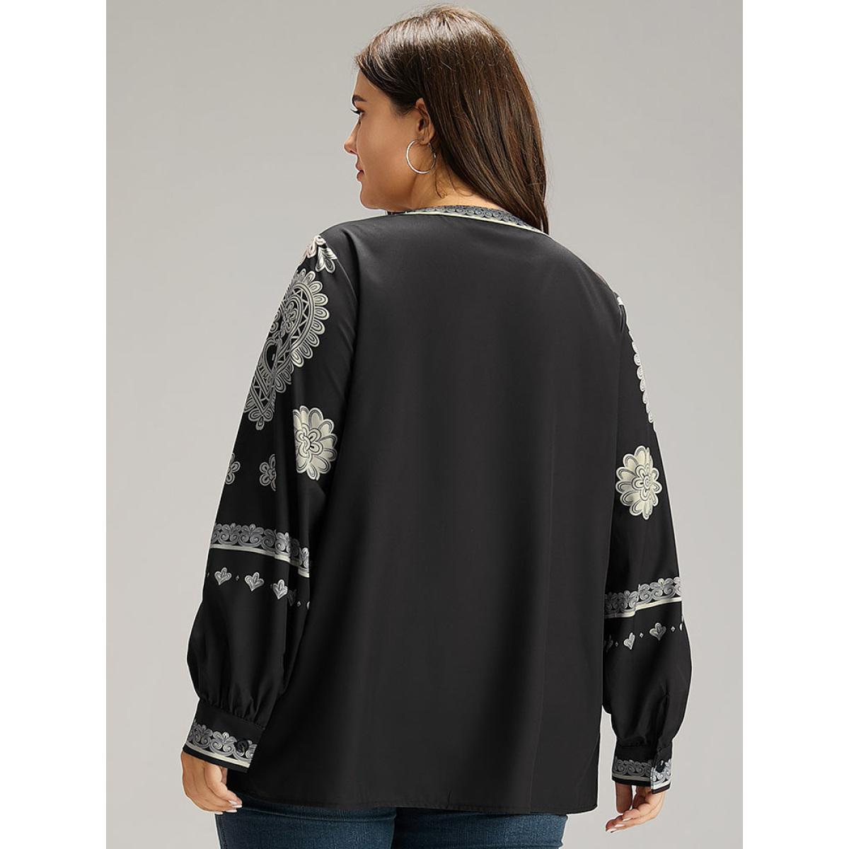 Plus Size BlackFlower Boho Print Tie Neck Tassel Gathered Blouse Women Vacation Long Sleeve Tie Neck Vacation Blouses BloomChic 12/L Product Image