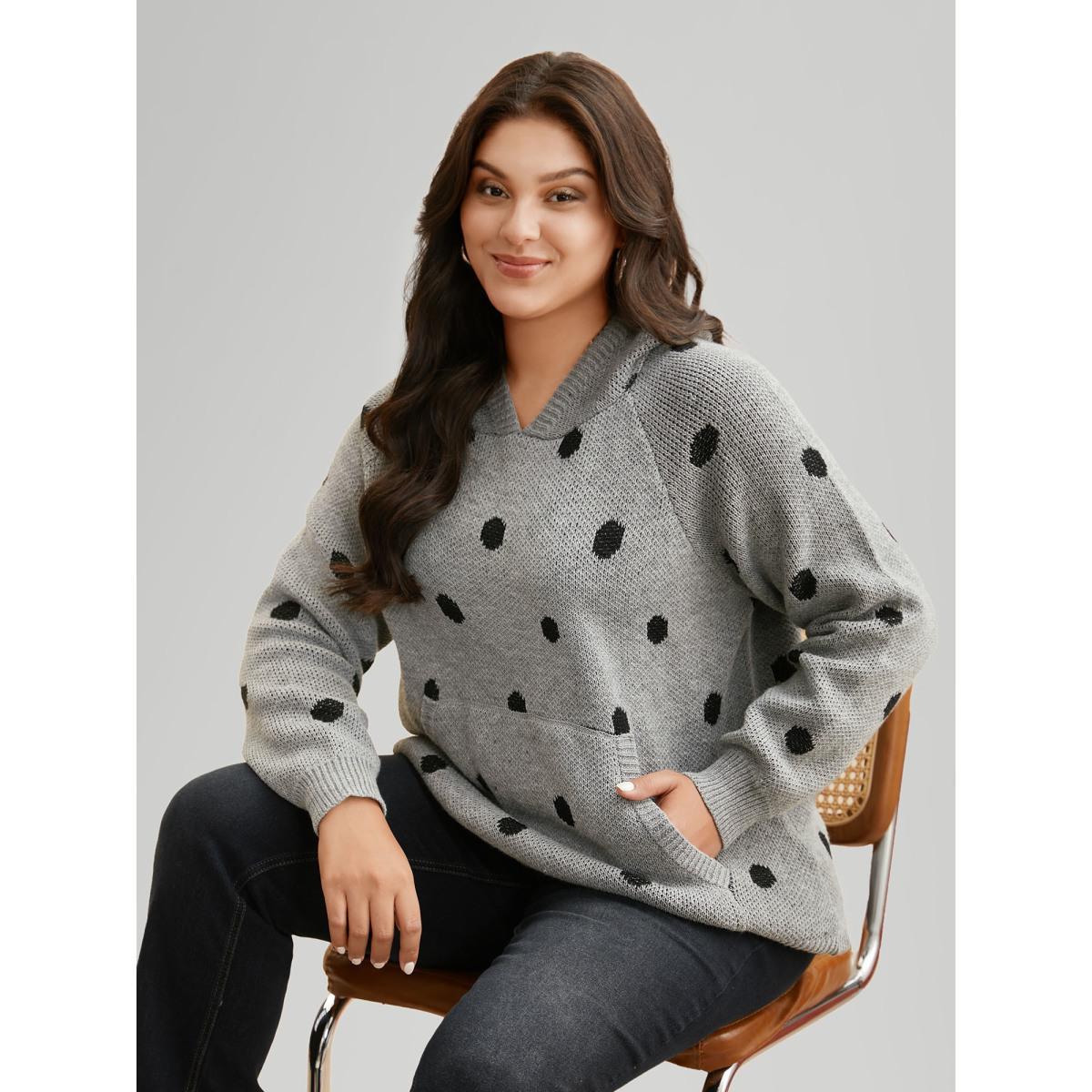 Plus Size Polka Dot Hooded Patch Pocket Pullover Mediumgray Women Casual Loose Long Sleeve Hooded Everyday Pullovers BloomChic 12/L Product Image