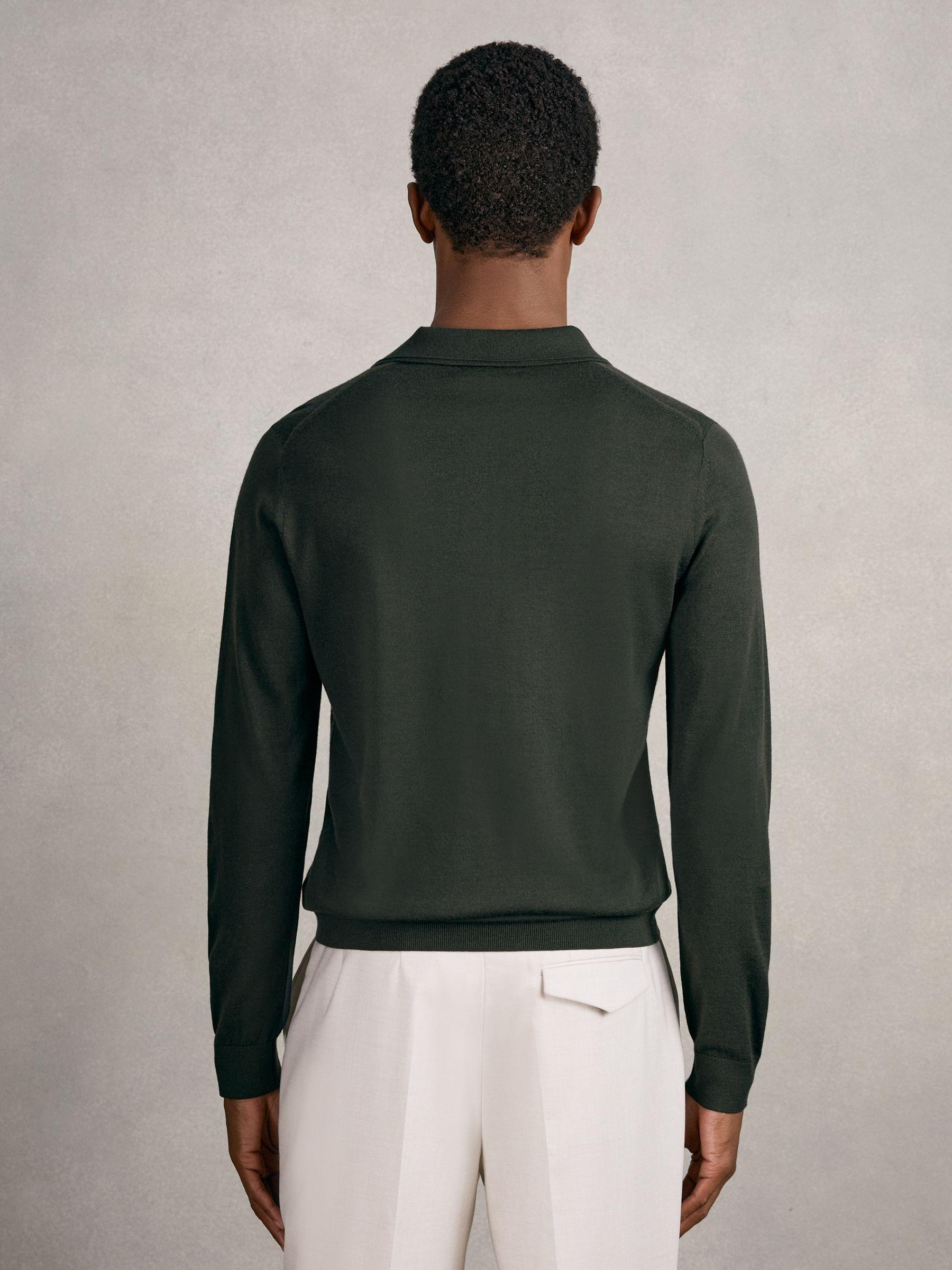 Merino Wool Long-Sleeve Polo Shirt in Dark Military Green Product Image