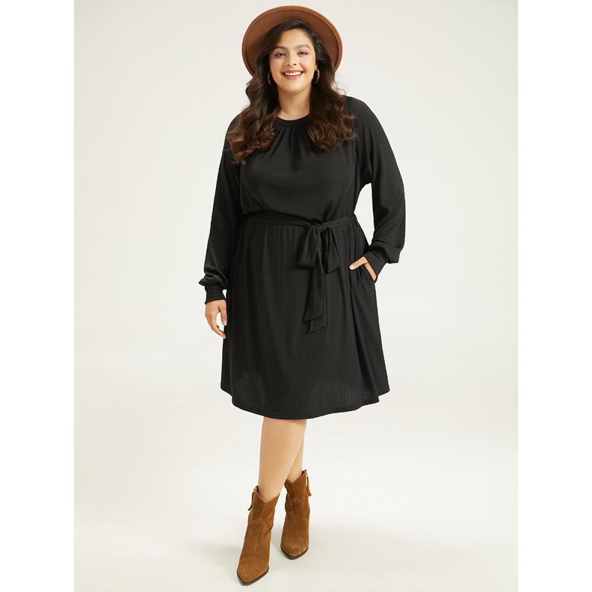 Plus Size Rib Knit Solid Pocket Pleated Belted Dress Black Women Casual Plain Round Neck Long Sleeve Curvy Midi Dress BloomChic 12/L Product Image