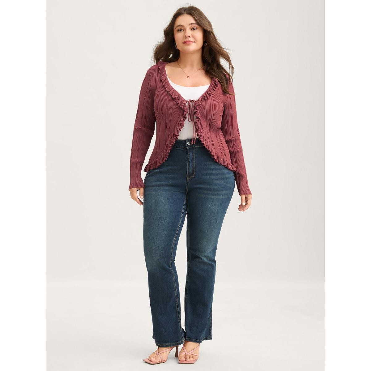 Plus Size Ruffled Edged Front Tie Knit Cardigan Rust Women Bodycon Long Sleeve Everyday-Elegant Cardigans BloomChic 22-24/3X Product Image
