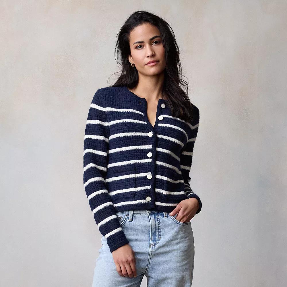 Women's LC Lauren Conrad Textured Stitch Crewneck Cardigan, Size: Medium, Blue Basque Stripe Product Image