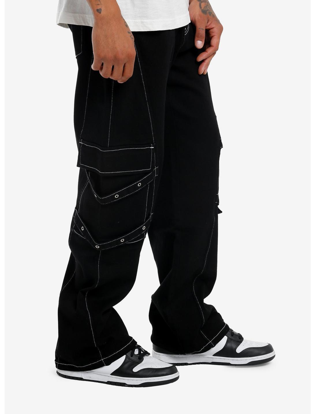 Black & White Contrast Stitch Grommet Strap Cargo Pants Product Image