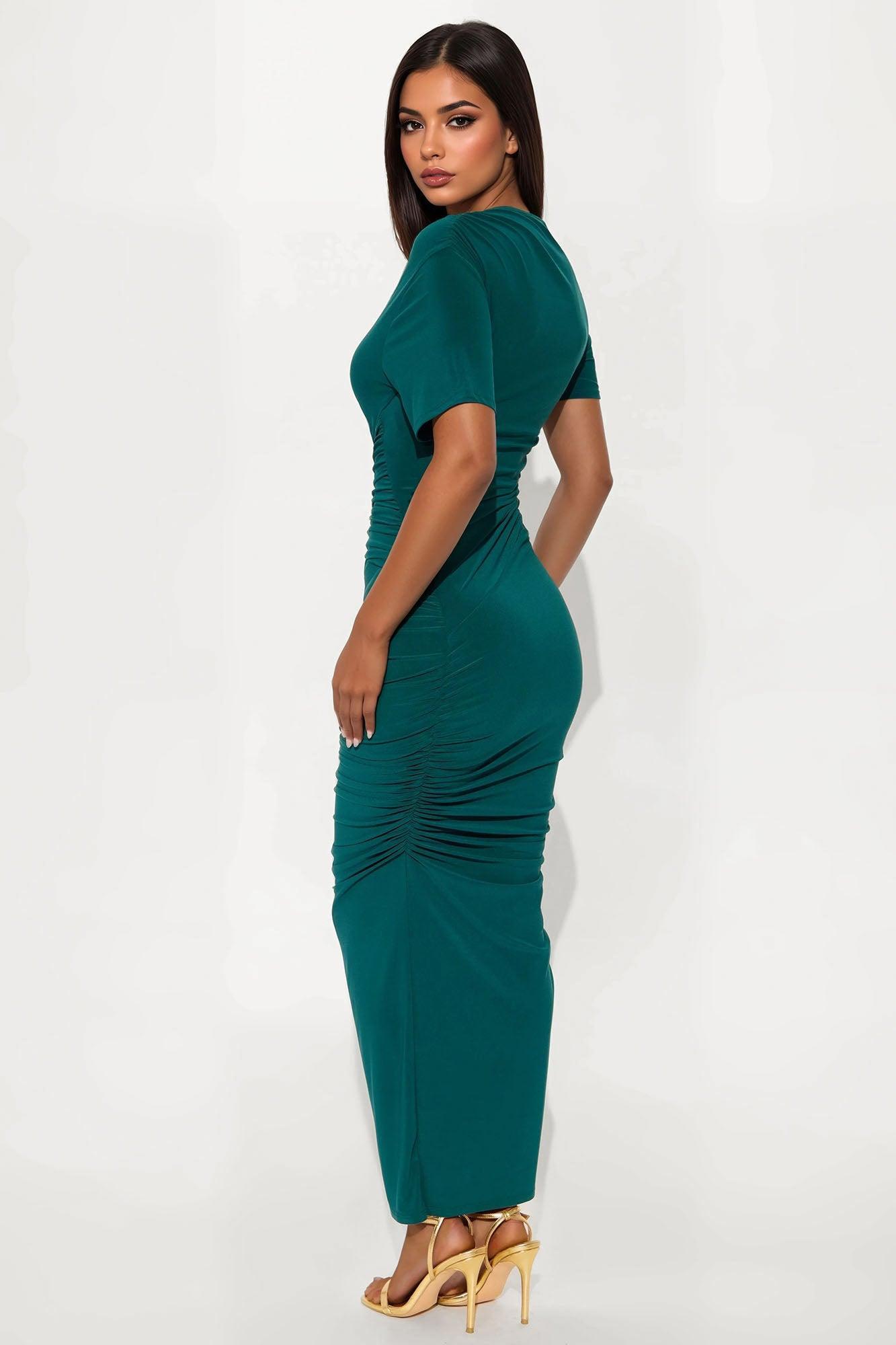 Keep Calling Ruched Maxi Dress - Hunter Product Image