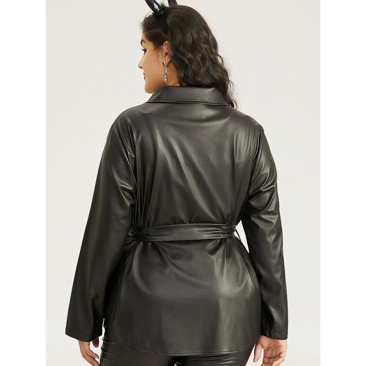 Plus Size Plain PU Leather Knot Pocket Zipper Belted Jacket Women Black Plain Pocket Belt Dailywear Jackets BloomChic 28/5X Product Image
