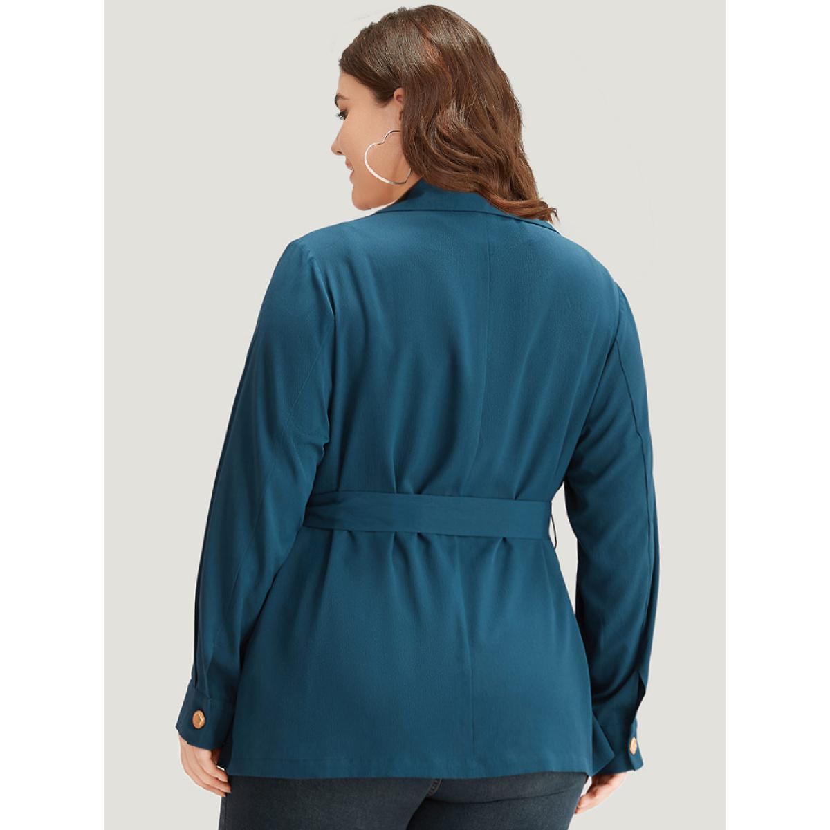Plus Size Plain Lapel Collar Belted Metal Detail Blazer Cyan Women Dailywear Plain Plain Sleeve Long Sleeve Lapel Collar 30/6X Belt Casual Blazers BloomChic Product Image