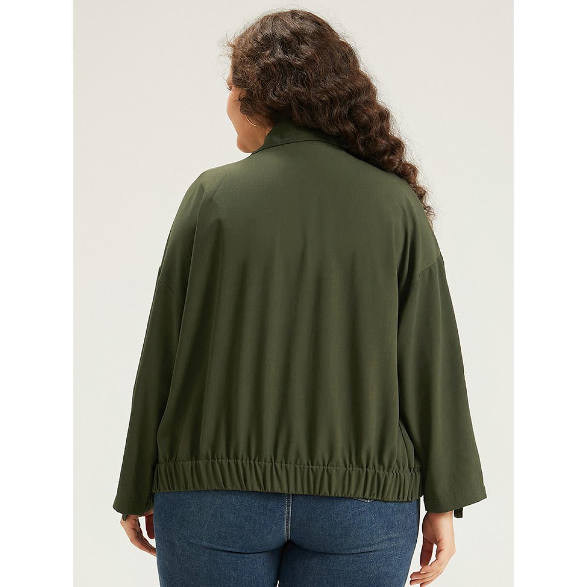 Plus Size Lapel Collar Solid Gathered Tab Sleeve Jacket Women ArmyGreen Plain Pocket Dailywear Jackets BloomChic 18-20/2X Product Image