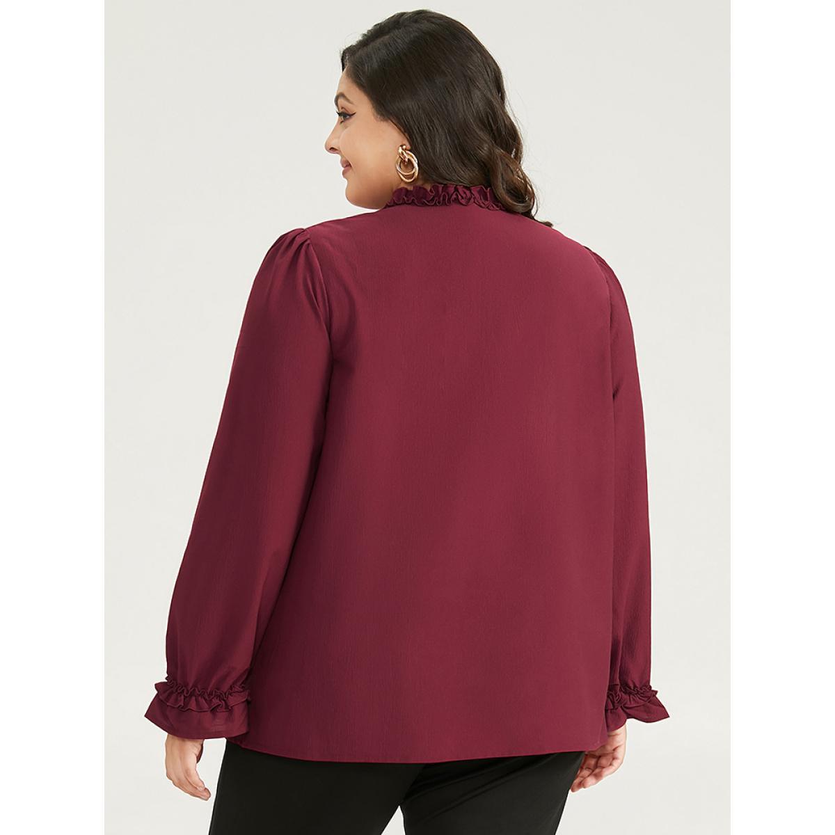 Plus Size Maroon Solid Frill Trim Puff Sleeve Blouse Women Office Long Sleeve Round Neck Work Blouses BloomChic 12/L Product Image