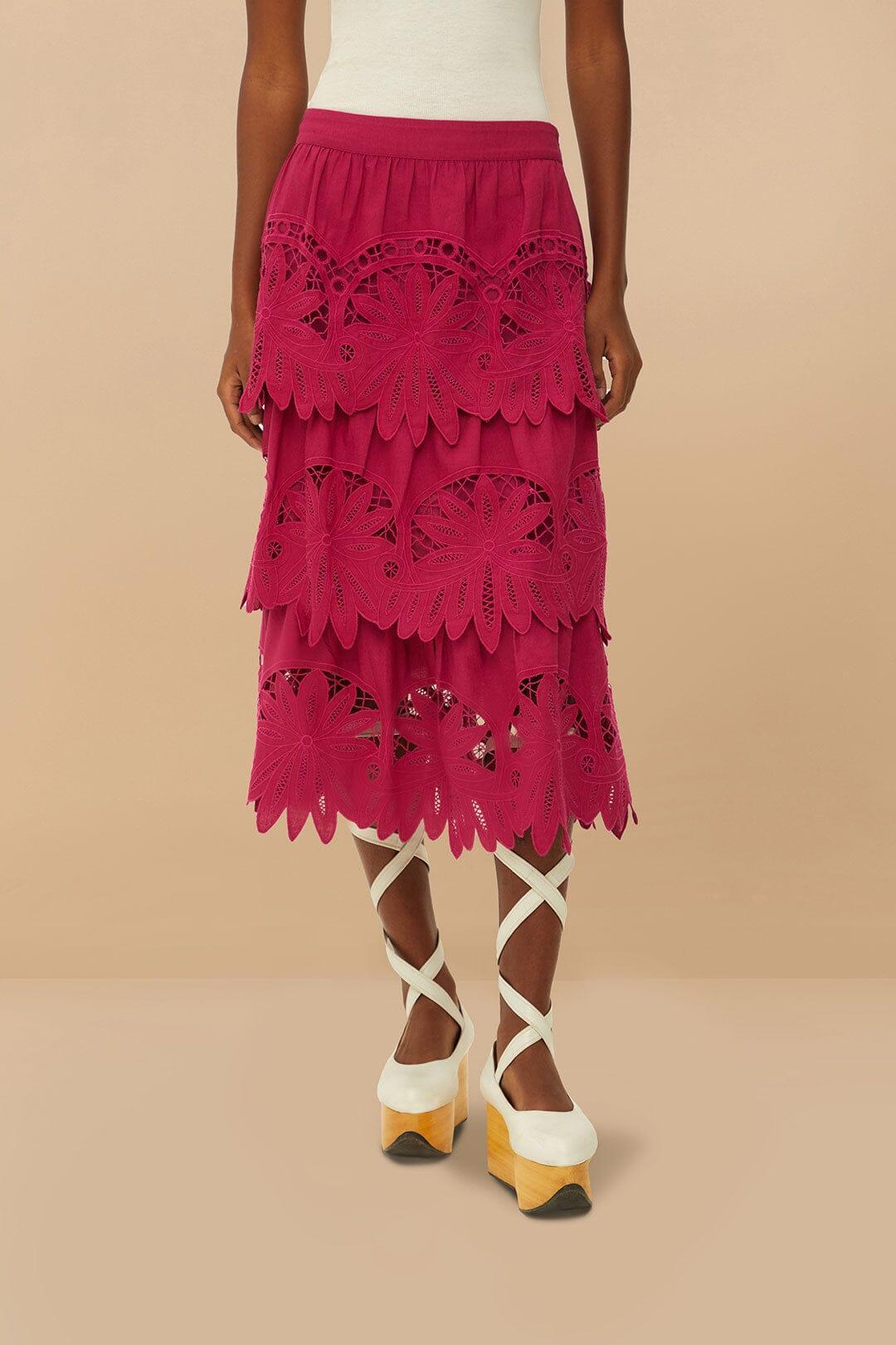 Pink Daisy Embroidered Midi Skirt Product Image