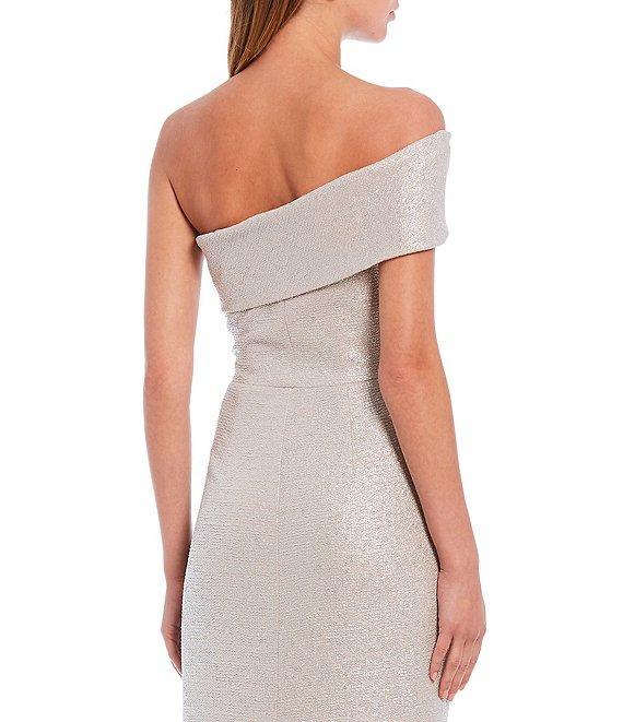 Eliza J Off-the-Shoulder Short Sleeve Side Ruched Foiled Knit Sheath Gown Product Image