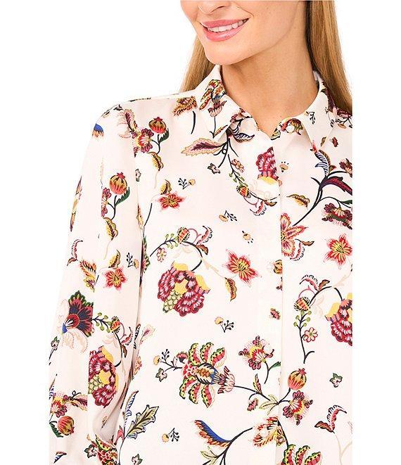 CeCe Woven Collared Floral Print Long Sleeve Button Front Blouse Product Image