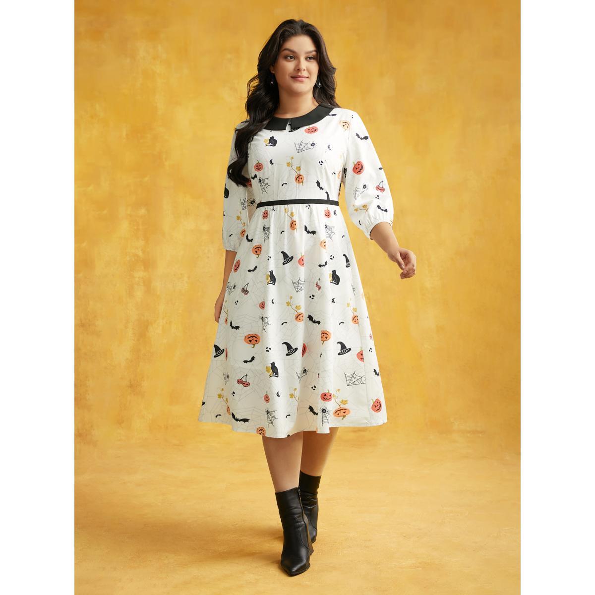 Plus Size Pumpkin Patch Retro Collared Midi Dress Beige Women Cocktail Contrast Party Curvy Bloomchic 22-24/3X Product Image