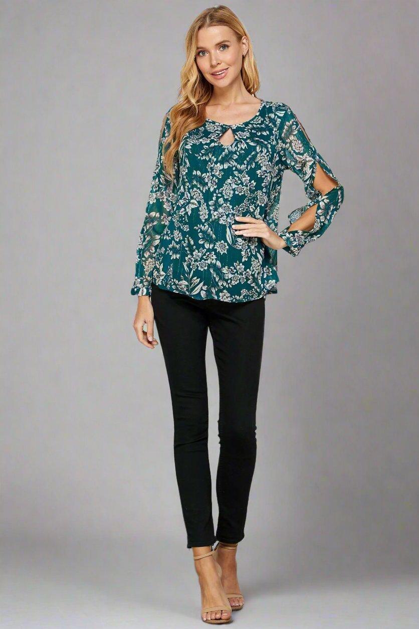 Long Sleeve Cold Shoulder Keyhole Neck Blouse Product Image