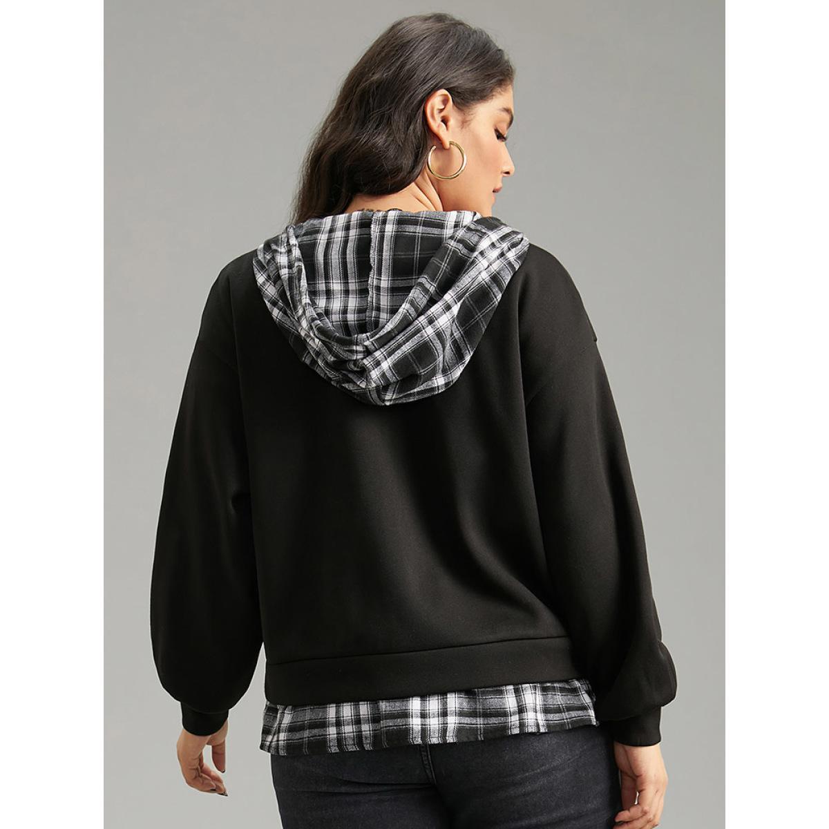 Plus Size Plaid Patchwork O Ring Zipper Hooded Drawstring Jacket Women Black Contrast Dailywear Jackets BloomChic 28/5X Product Image