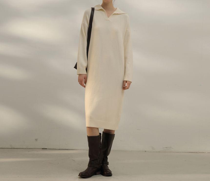 Long Sleeve Collared V-Neck Plain Midi Sweater Dress Product Image