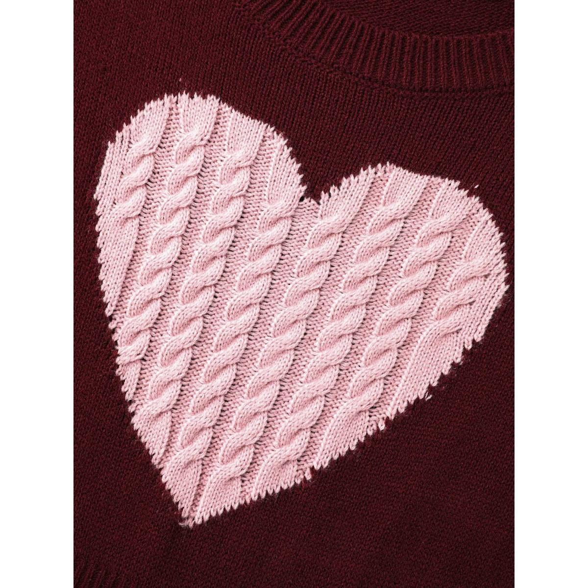 Plus Size Heart Motif Contrast Textured Dress Deepred Women Elegant Bodycon Long Sleeve Everyday Sweater Dresses BloomChic 28/5X Product Image