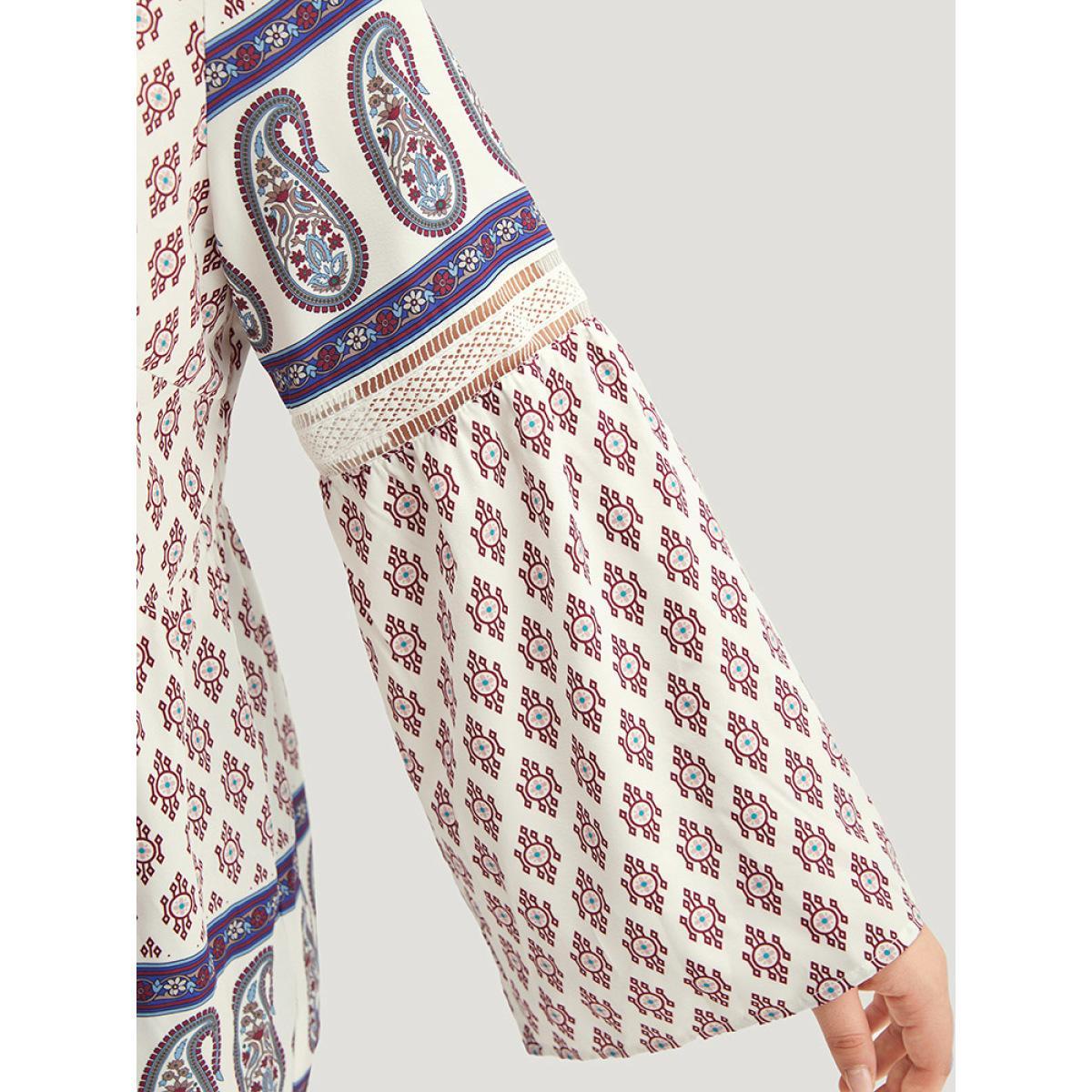 Plus Size Beige Boho Print Patchwork Lace Crew Neck Flutter Sleeve Blouse Women Vacation Long Sleeve Round Neck Vacation Blouses BloomChic 22-24/3X Product Image
