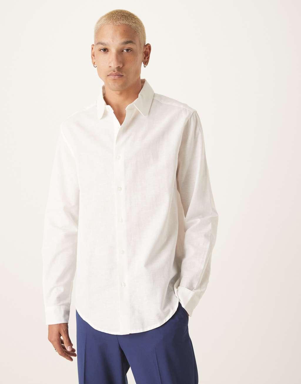  ASOS DESIGN linen blend regular fit dress shirt with penny collar in white Product Image