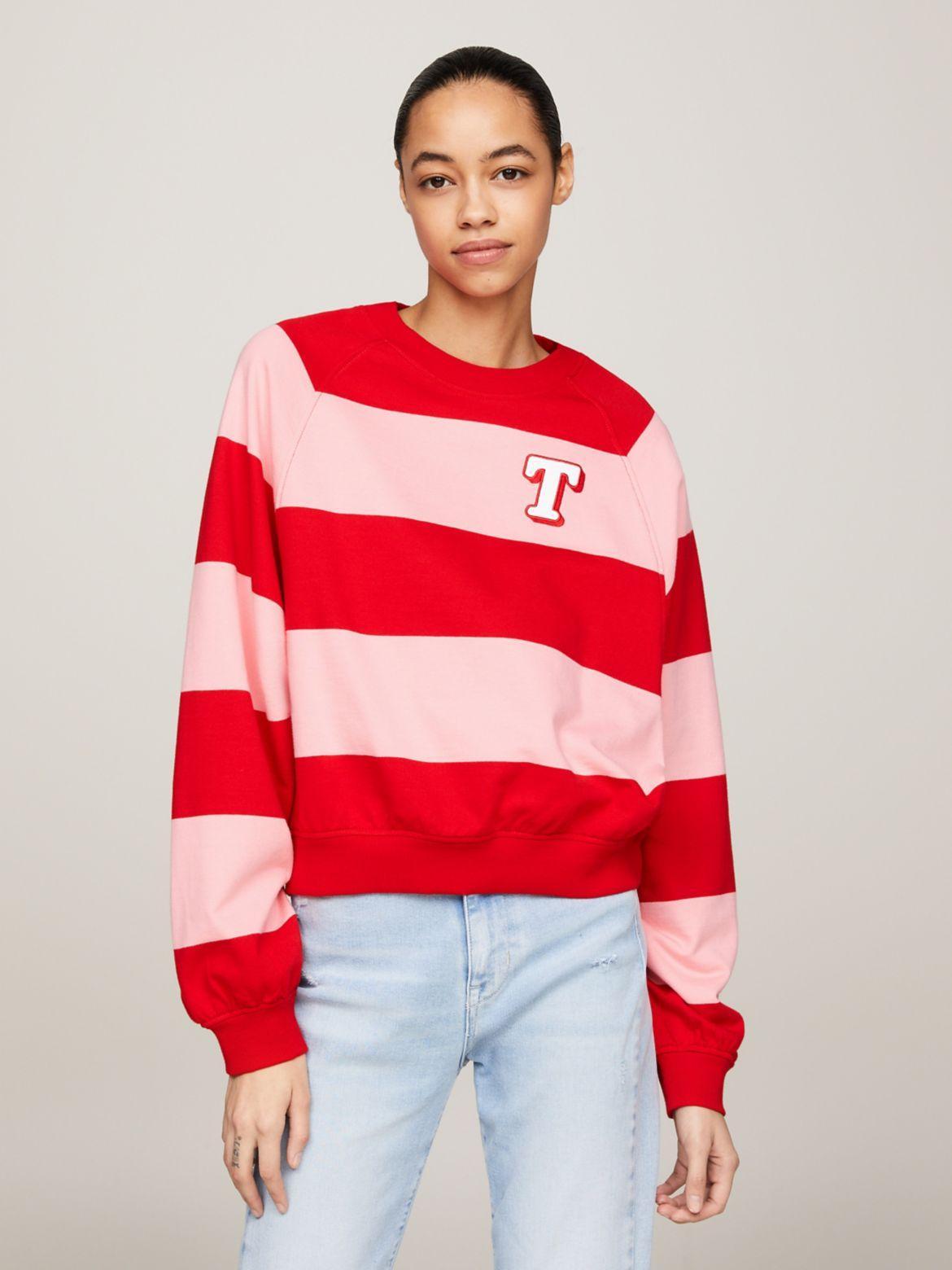 Tommy Jeans Womens Striped Letterman Crewneck Cotton Sweatshirt Hawaiian Print Denim Mini Skirt Product Image