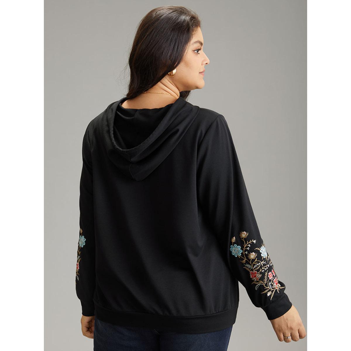 Plus Size Floral Embroidered Hooded Drawstring Sweatshirt Women Black Elegant Embroidered Hooded Dailywear Sweatshirts BloomChic 26/4X Product Image