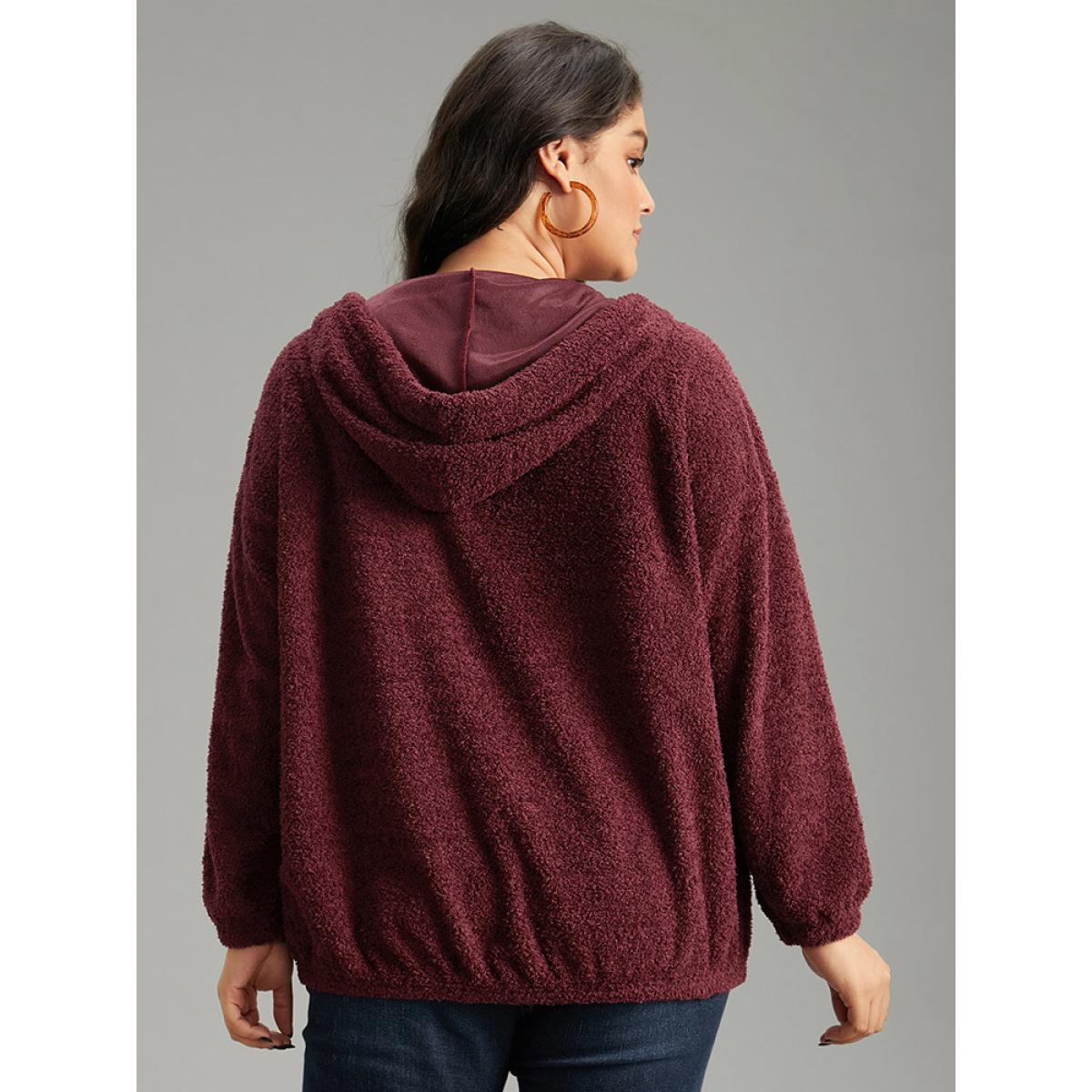 Plus Size Fuzzy Solid Hooded Pocket Ties Sweatshirt Women Burgundy Casual Elastic cuffs Hooded Dailywear Sweatshirts BloomChic 12/L Product Image