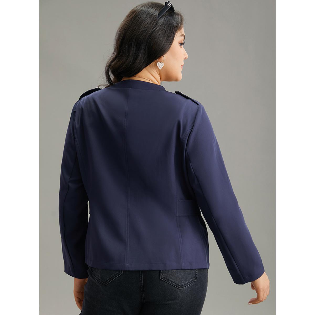 Plus Size Plain Button Detail Notched Zipper Blazer Indigo Women Work Plain Plain Sleeve Long Sleeve Notched collar 14-16/1X At the Office Blazers BloomChic Product Image