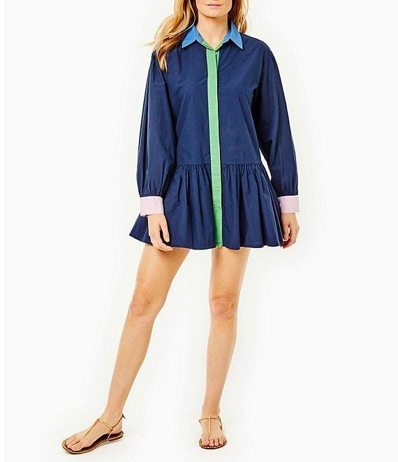 Addison Bay Lane Color Block Point Collar Long Blouson Sleeve Peplum Dropped Waist Flounce Mini Shirt Dress Product Image