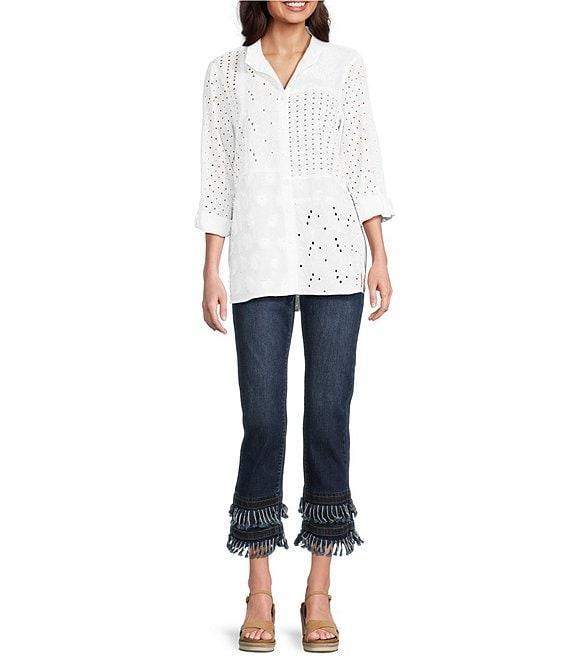John Mark Allover Embroidered Eyelet Wire Neck Long Roll-Tab Sleeve Button Front Blouse Product Image