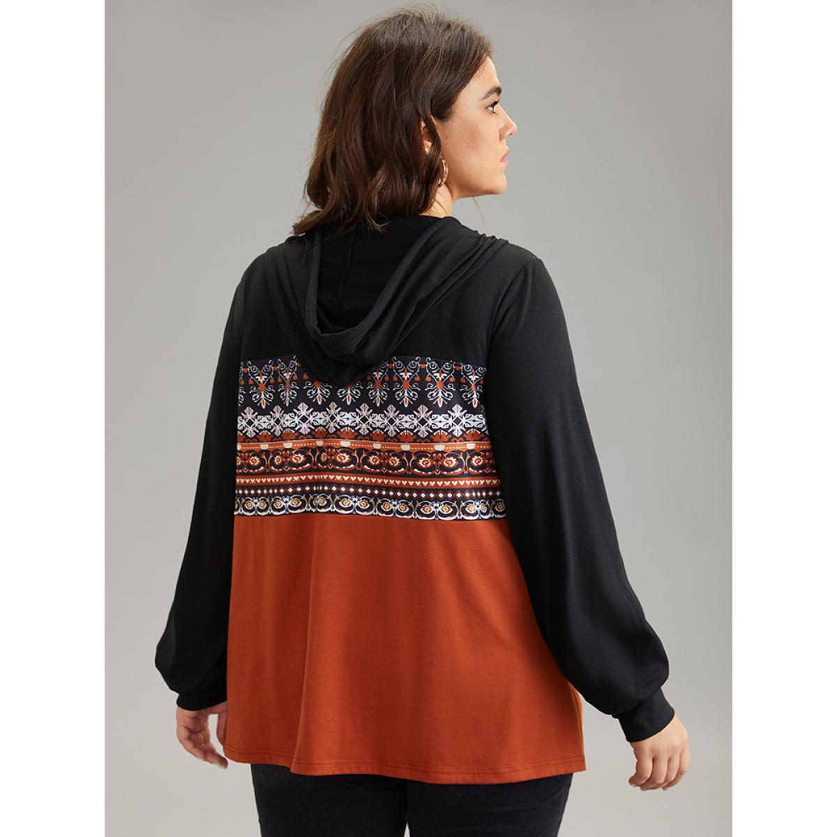 Plus Size Contrast Bandana Button Up Hooded T-shirt Multicolor Women Casual Contrast Bohemian Print Hooded Dailywear T-shirts BloomChic 22-24/3X Product Image