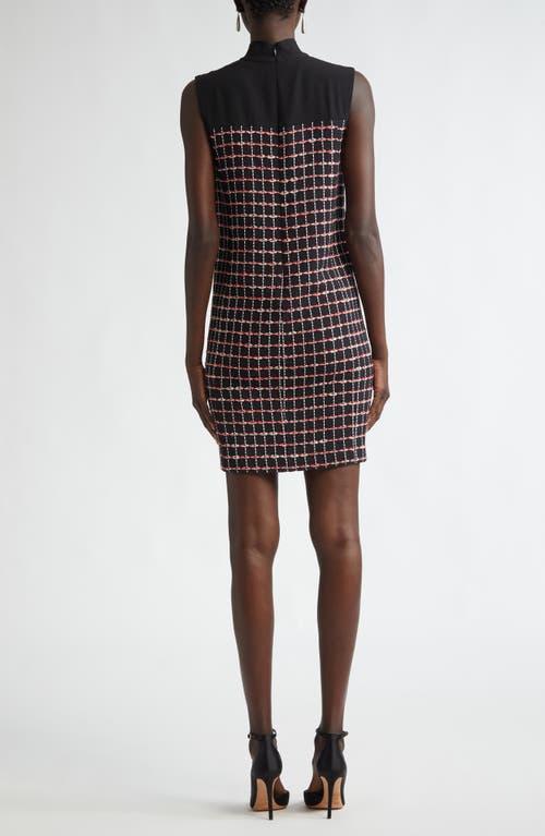ST JOHN Window Pane Tweed Mixed Media Dress In Black/haute Red/pearl Multi Product Image