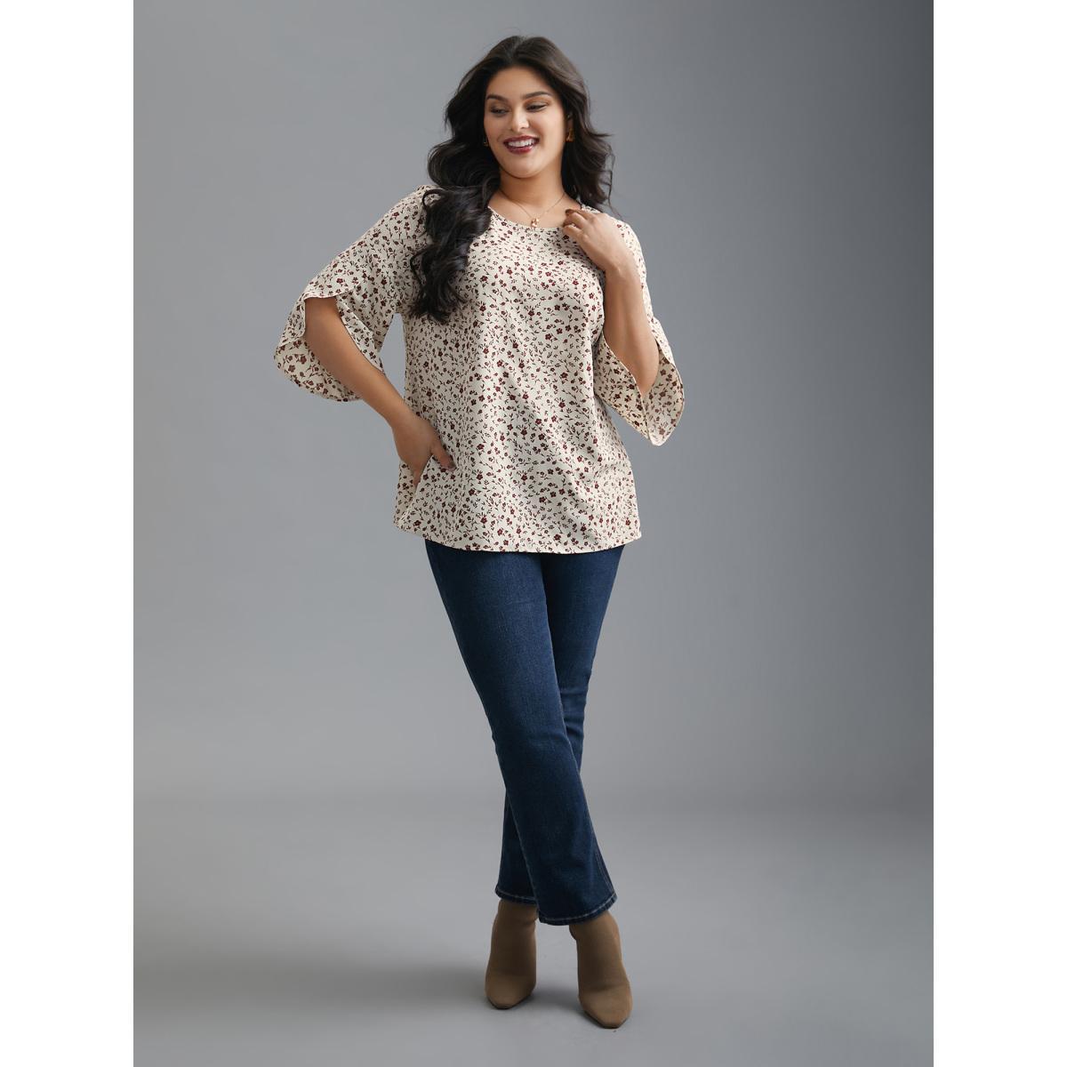 Plus Size Beige Crew Neck Ditsy Floral Bell Sleeve Blouse Women Elegant Elbow-length sleeve Round Neck Everyday Blouses BloomChic 26/4X Product Image