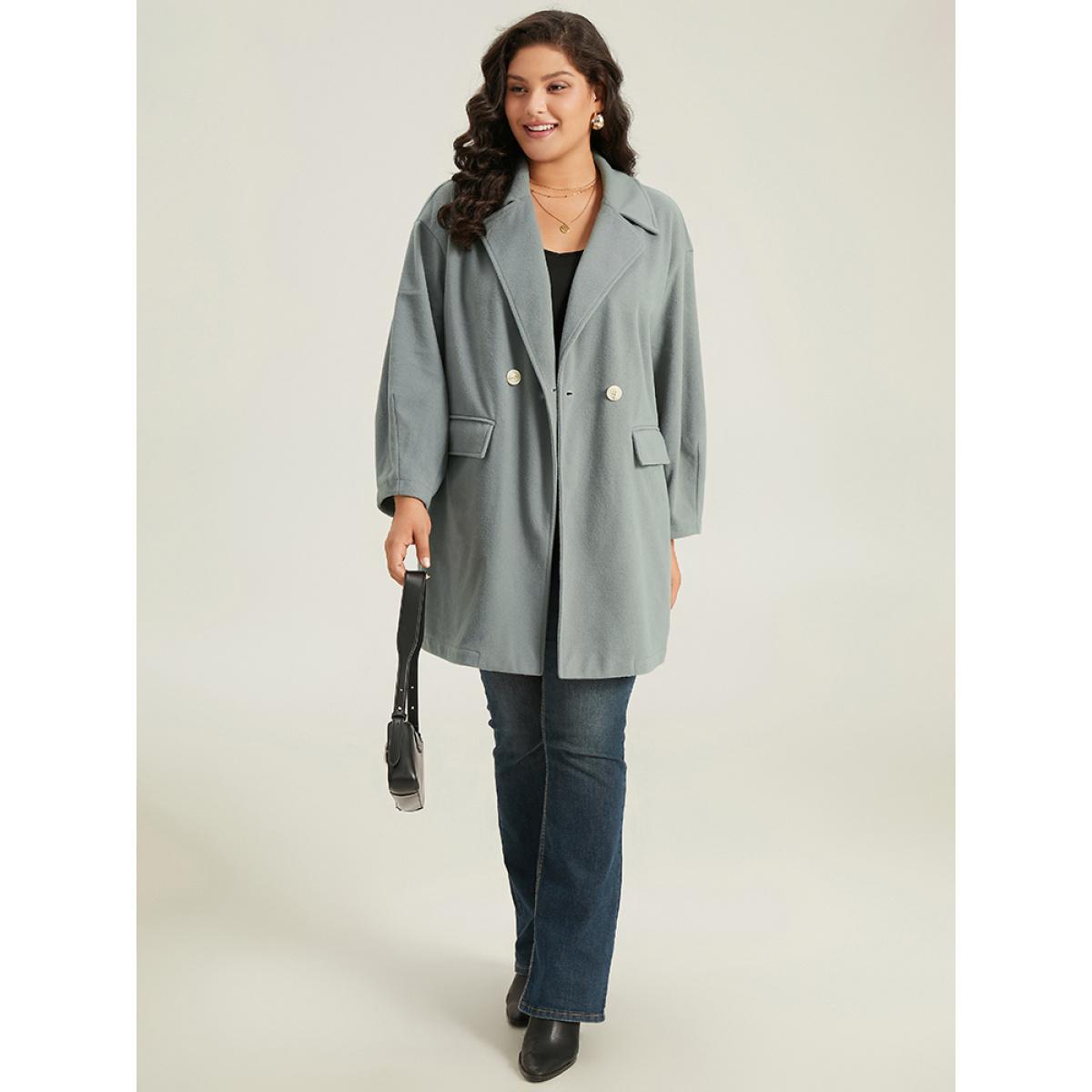 Plus Size Button Fly Flap Pocket Lantern Sleeve Coat Women Silver Office Plain Ladies Work Winter Coats BloomChic 12/L Product Image