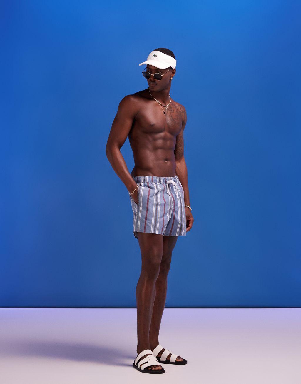 ASOS DESIGN swim shorts in mid length in blue acid wash Product Image