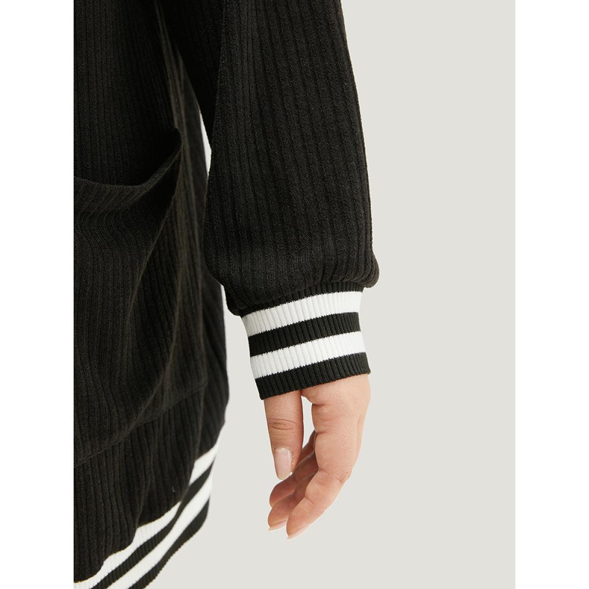 Plus Size Halloween Patchwork Striped Pocket Button Up Rib Knit Coat Women Black Casual Patchwork Ladies Dailywear Winter Coats BloomChic 26/4X Product Image