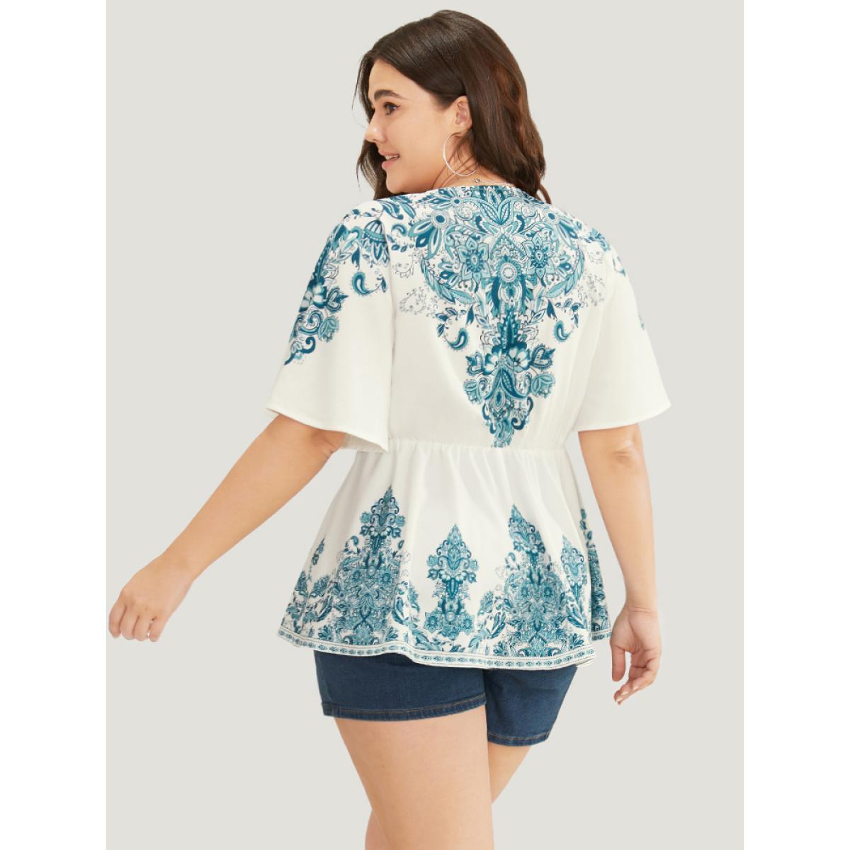 Plus Size Cerulean Bandana Print Ruffles Elastic Waist Blouse Women Vacation Short sleeve V-neck Dailywear Blouses BloomChic 28/5X Product Image