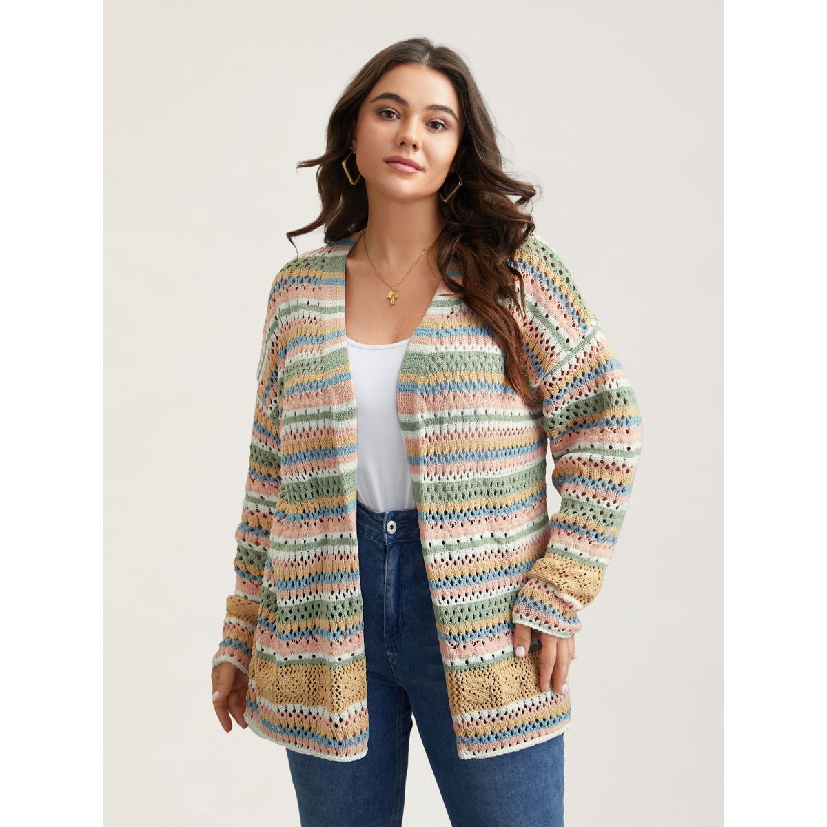 Plus Size Striped Color Contrast Cut-Out Cardigan Multicolor Women Casual Loose Long Sleeve Everyday Cardigans BloomChic 26/4X Product Image