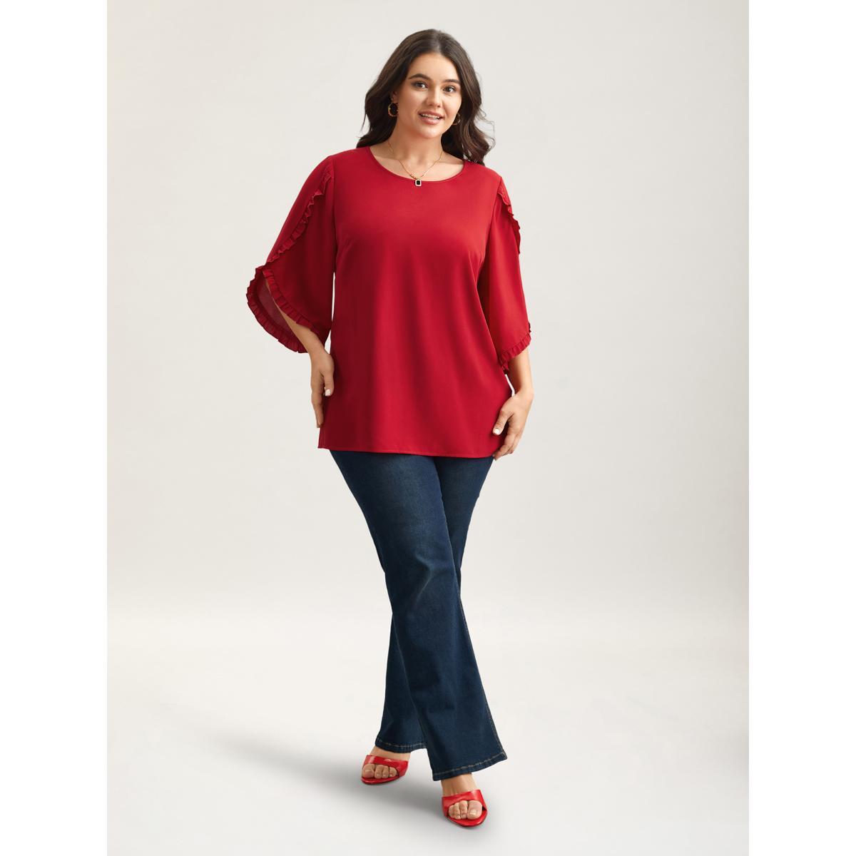 Plus Size Crimson Ruffled Bud Sleeve Round Neck Shirt Women Elegant Elbow-length sleeve Round Neck Everyday Blouses BloomChic 14-16/1X Product Image